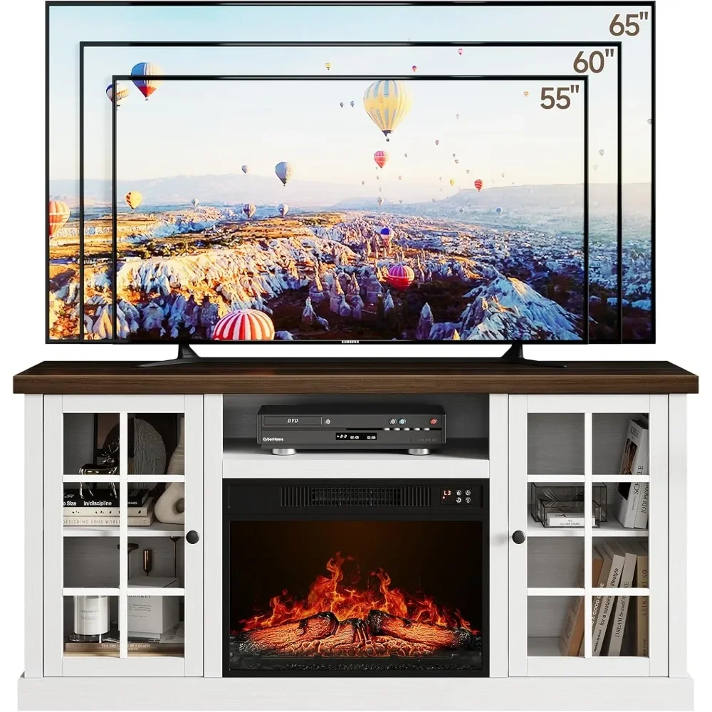 59" Fireplace TV Stand for TVs Up To 65 in With Storage and Glass Doors, 23" Electric Fireplace, Media TV Console 3