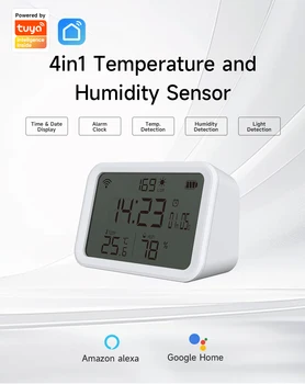 Tuya Smart WiFi 4-IN-1 Temperature Humidity Sensor Light Intensity Detector Time Display Alarm Clock Fit Alexa Google Assistant 1