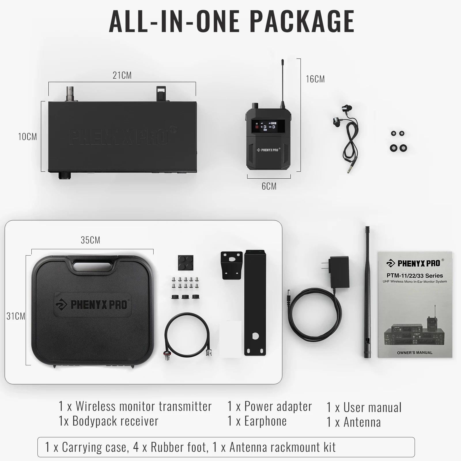 Phenyx Pro UHF 모노 무선 인이어 모니터 시스템, 바디팩 수신기, 50개의 조정 가능한 주파수, 밴드별 별도 출력