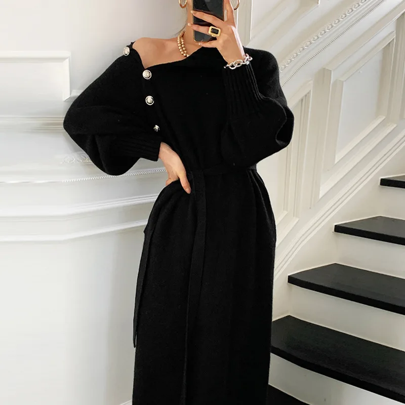 Women Autumn Winter Knitted Turtleneck Sweater Dress