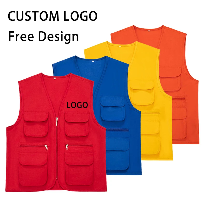 

100% Polyester Multi-pocket Tool Vest Custom Team Logo Workshop Overalls Work Vest Jacket Print Men's Solid Color Shirt Jacket