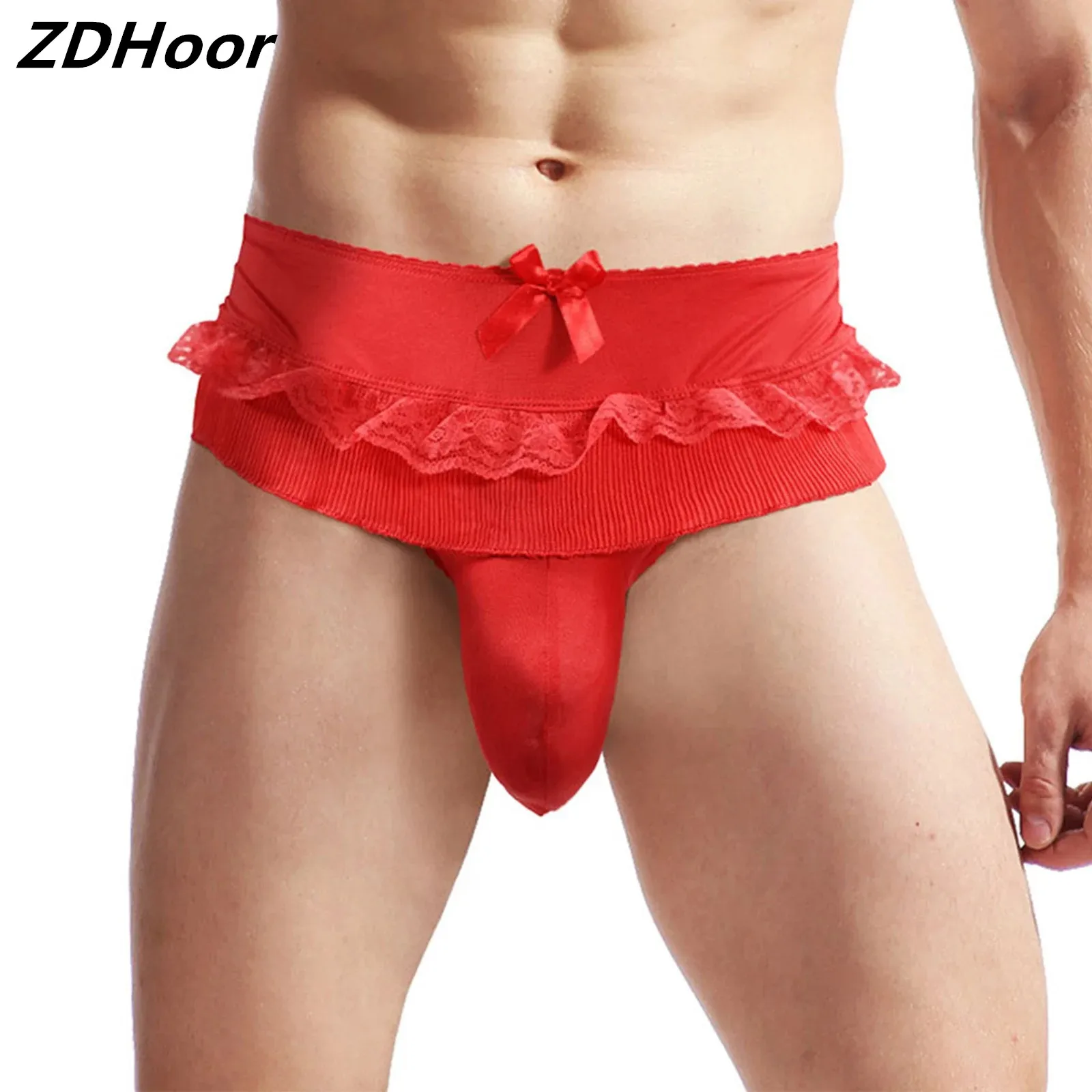 Mens Lace Ribbed Skirted Thong T-back Bulge Pouch G-string Underwear Bowknot Elastic Waistband Thong