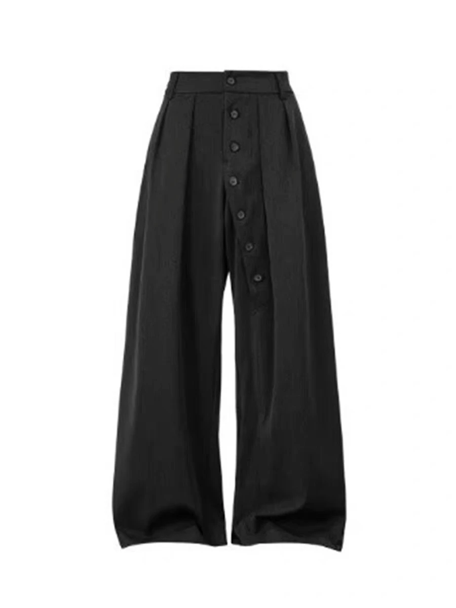 Loose Wide Leg Men's Casual Pants Vintage Drapey Button Design Comfortable Loose Fit Youthful Sle Long Trousers for Autumn