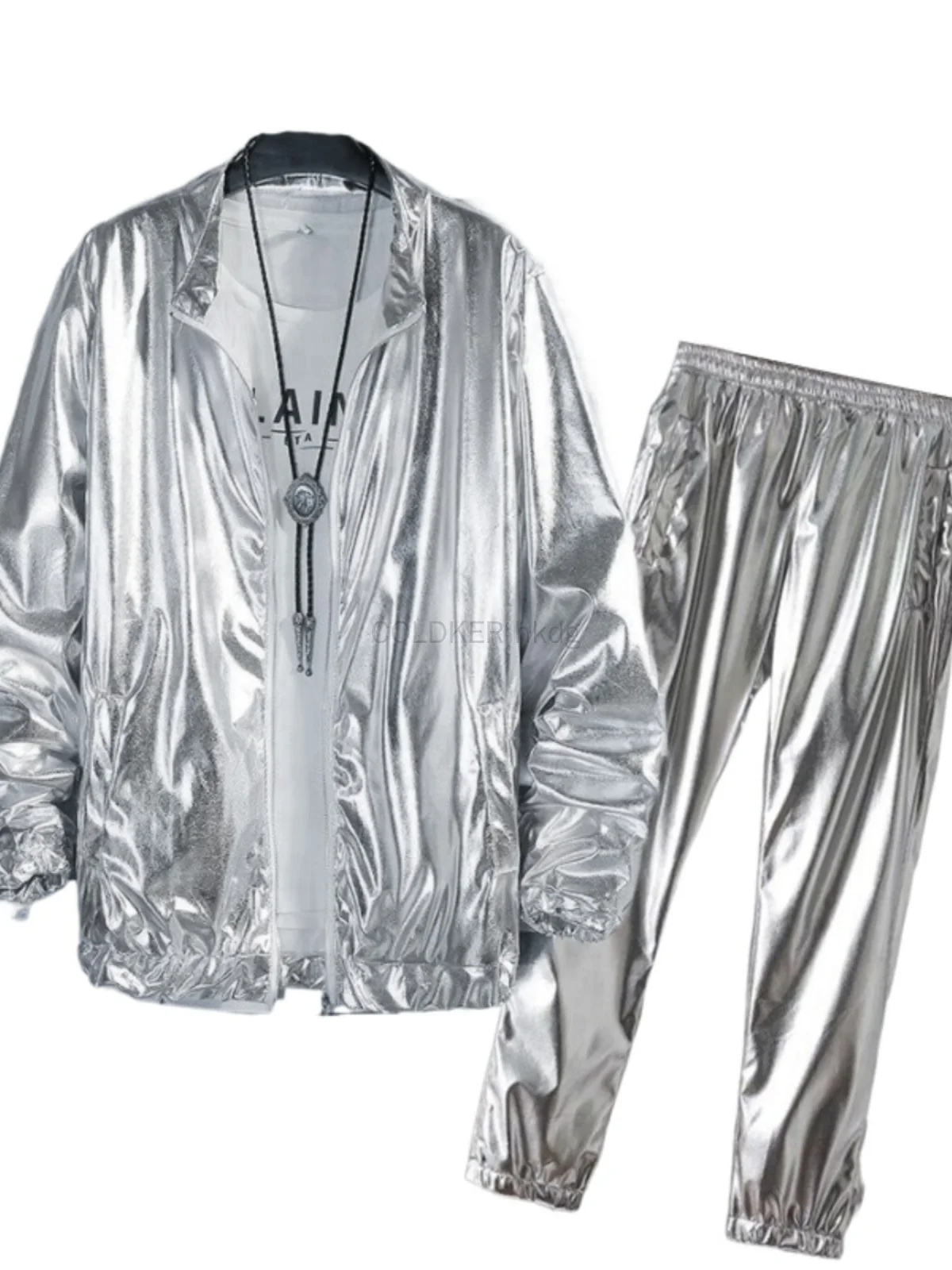 Men's Sets Shiny Metallic Suits Adult Disco 2 Piece Outfit Jacket Pants Halloween Dress Up Nightclub Dance Rave Cosplay Costume 6