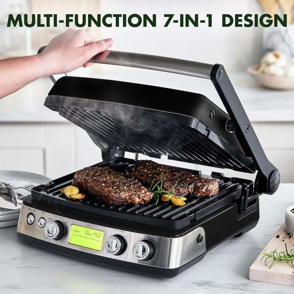 Versatile contact grill and skillet,non-stick aluminum,grill and waffle plate,adjustable shading and shearing, press/flat, black 6