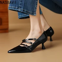 NASBAVI Women's New Spring Genuine Leather Sheepskin Pointed Three Row Buckle High Heel Large Mary Jane Work Single Shoes 34-46 2