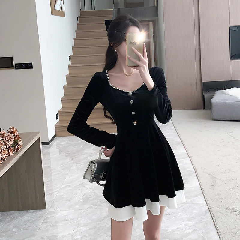 

Spring Dress Women 2024 French Style Flounced Solid Long Sleeve Single Breasted Square Collar High Waist Dresses