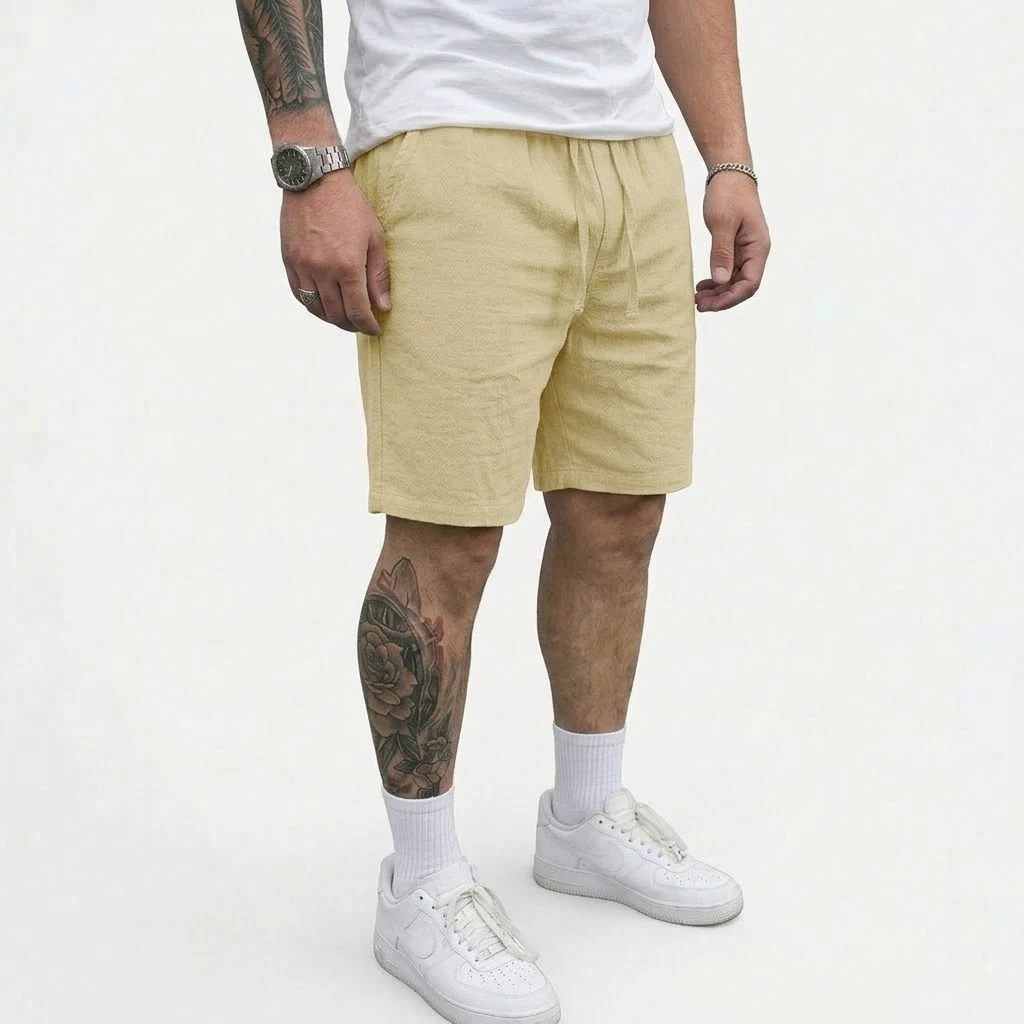 Sommer Herren Leinen-Shorts mit Elastischem Bund und Kordelzug Lässige Hosen für Männer Strand Hawaiianische Leichte Kurze Outdoor Baggy-Hosen – Detail 3