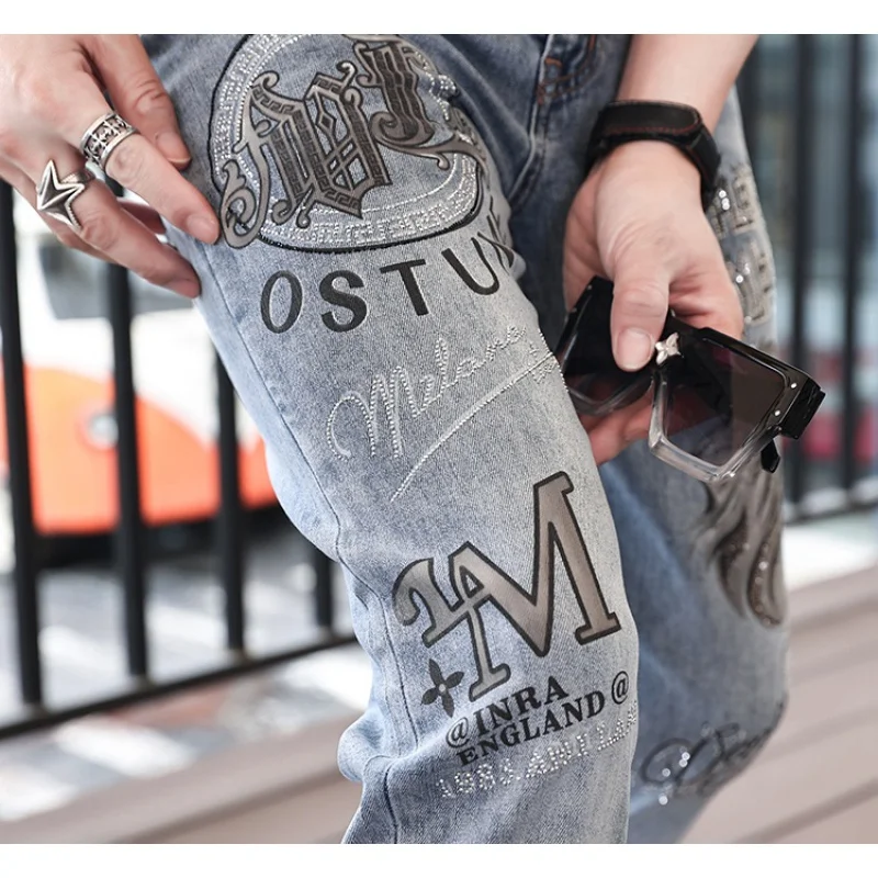 2024 spring and summer European jeans men heavy iron drill printing tide handsome casual Slim retro small leg pants