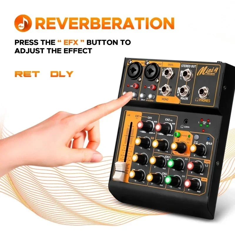 금속 Mini4 오디오 믹서 인터페이스, DJ 콘솔, 블루투스 5.0, OTG 리버브, 48V 사운드 카드, 라이브 방송 PC 녹음용, 인기 판매