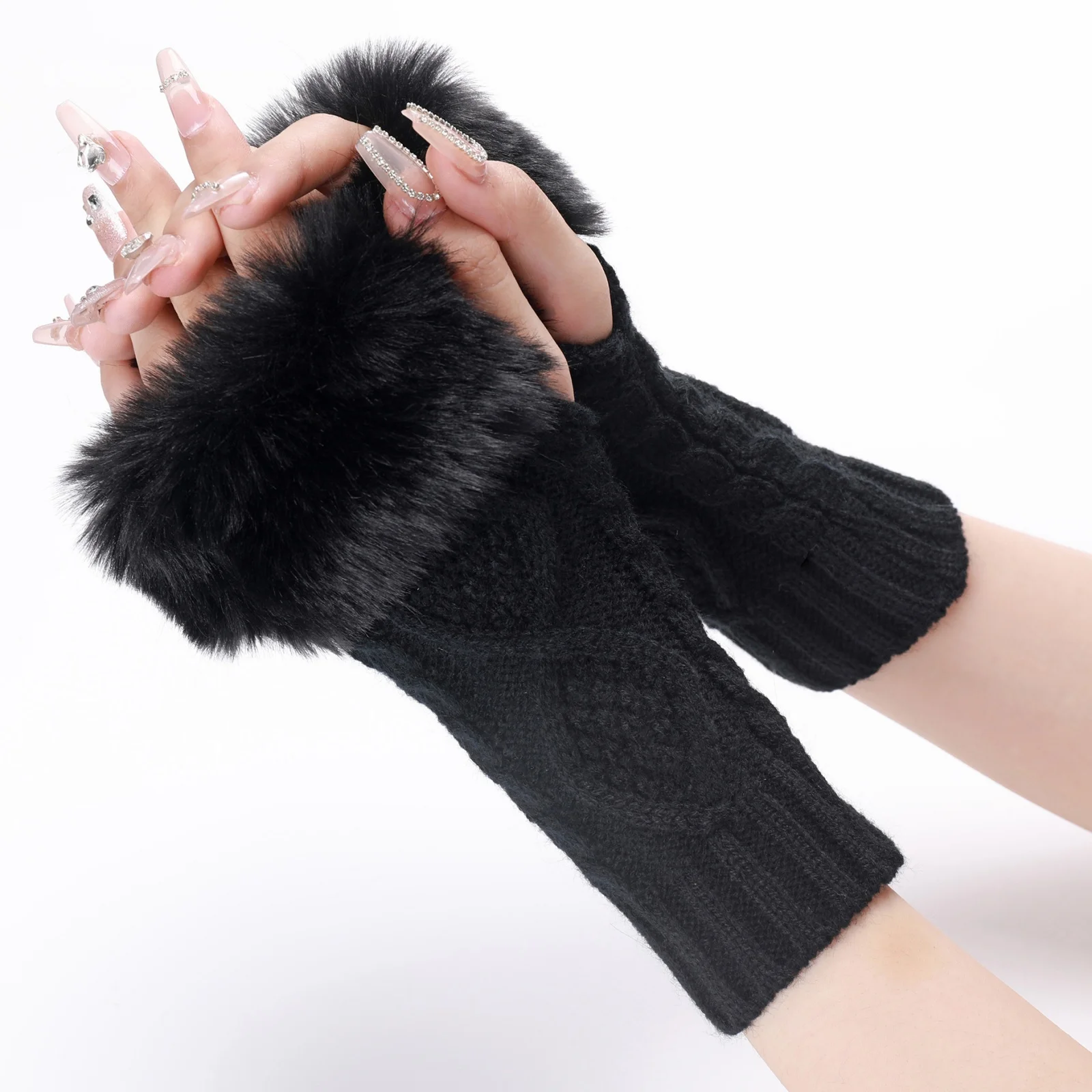 A Pair Of Women's Knitted Fingerless Gloves With Faux Fur Cuff, Warm Winter Fall For Ladies,  Cable Knit Arm Warmers For Cold