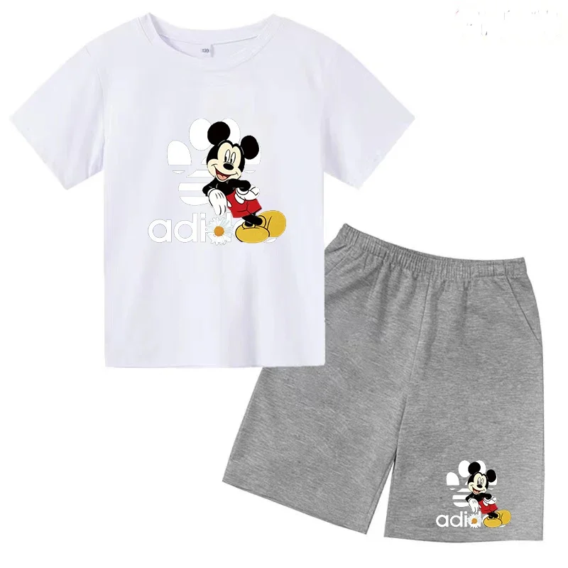Camiseta y pantalones cortos con estampado de Mickey Mouse de verano para niños y adolescentes, traje de 2 piezas, ropa deportiva informal para niños y niñas, conjunto de moda Sunshine