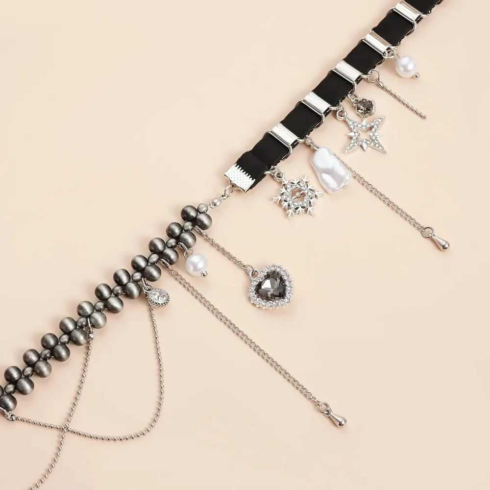 Y2K Snowflake Starlight Heart Tassel Necklaces for Women Velvet Woven Rope Beaded Patchwork Chain Choker Necklace Luxury Jewelry