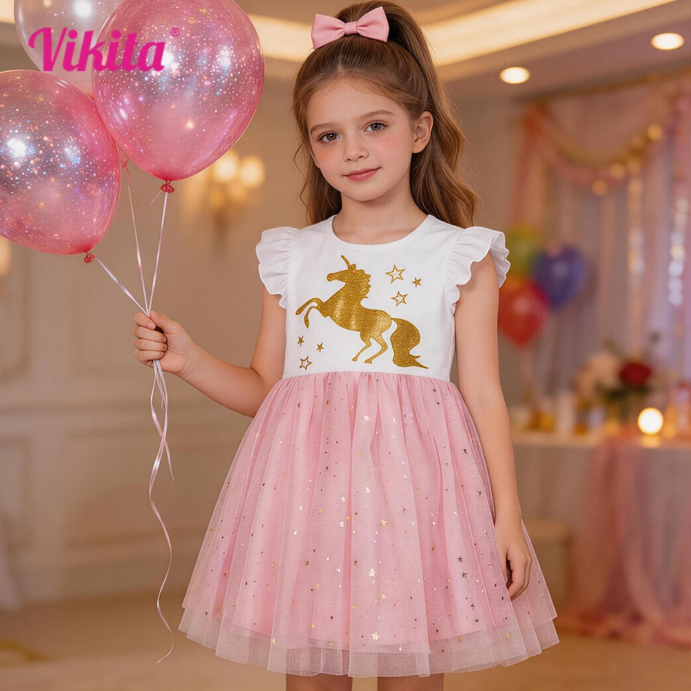 VIKITA Mädchen Licorne Print Kleid Mädchen Flare Hülse Sommer Kleider Kinder Geburtstag Party Patchwork Prinzessin Elegante Süße Kleider