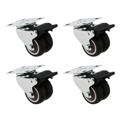 4pcs Swivel Casters with Brake 2 Inch Rubber Flat Bottom Double Row Wheel 2-wheeled 360 Degree Rotation TPR Rubber 50mm Diameter