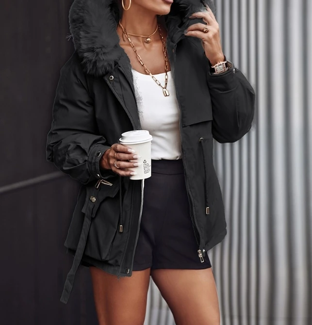 Hot Selling 2024Spring Autumn Winter for Women Coat Faux Fur Lantern Sleeve Hooded Cargo Parka Daily Coat Temperament Commuting