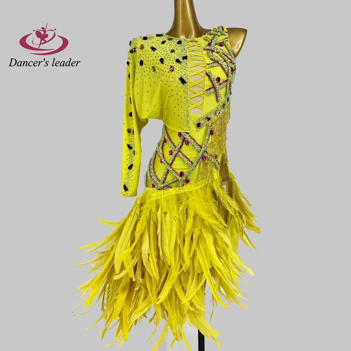 

Latin Dance Dress High-end Customized Diamond Flash Feather Tail Dress Chacha Tango Female Adult Stage Professional Clothing