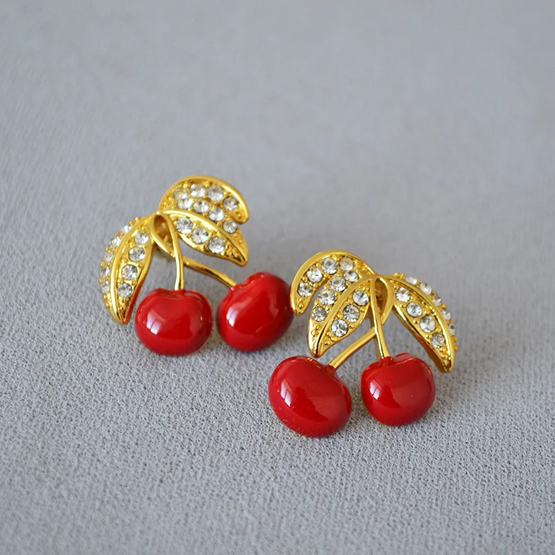 Cherry Flash Diamonds 925 Silver Needle Vintage Brass Gold-plated Earrings