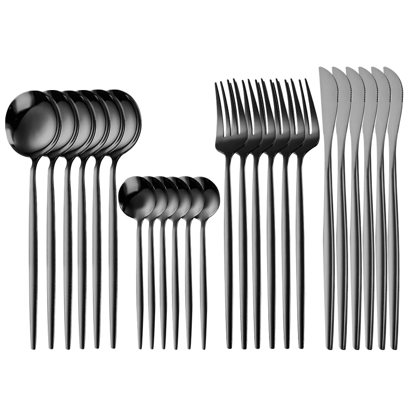 

24pcs Black Cutlery Flatware Stainless Steel Tableware Fork Knife Spoon Dinnerware Silverware Set for 6 People