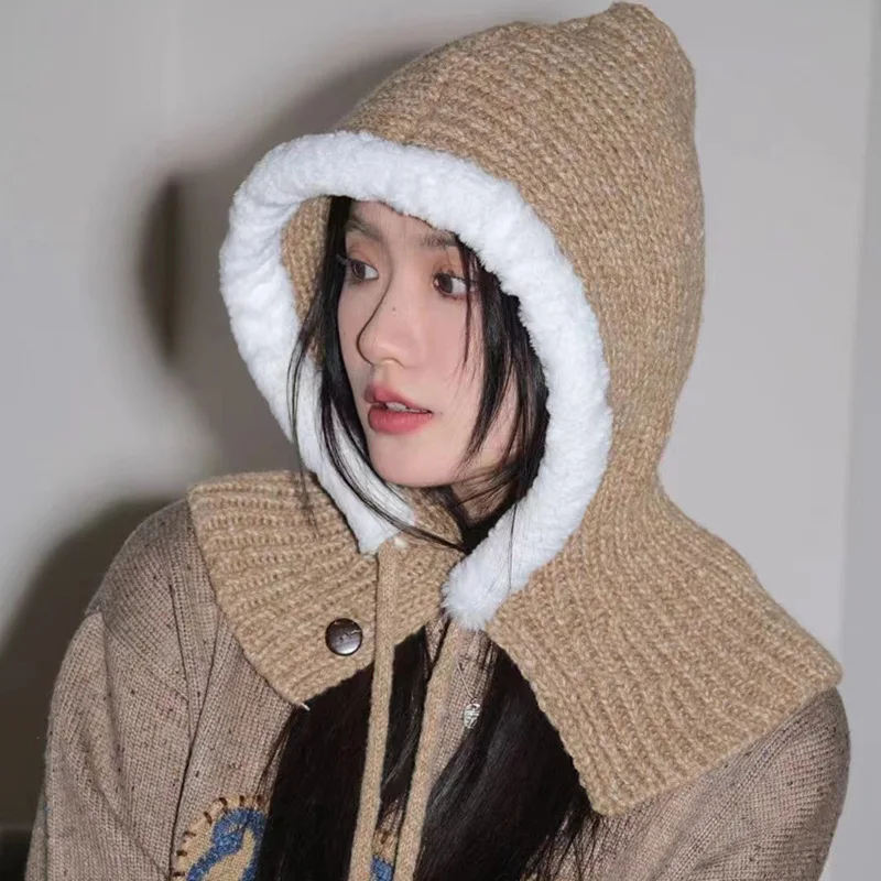 

Korean Plush Splicing Balaclava Hats and Scarf Integrated Autumn and Winter Outdoor Cycling Warm Knitted Beanies for Women