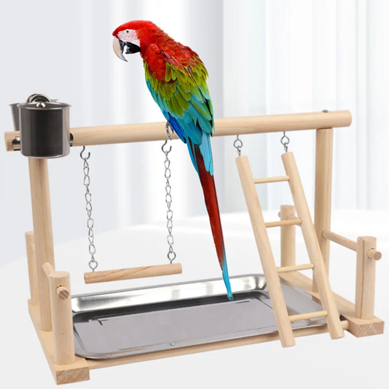 Solid Wood Pet Parrot Playstand Parrots Bird Playground Bird Plays Stand Wooden Perch Playground Ladder Steel Feeder Plate bird cage perches