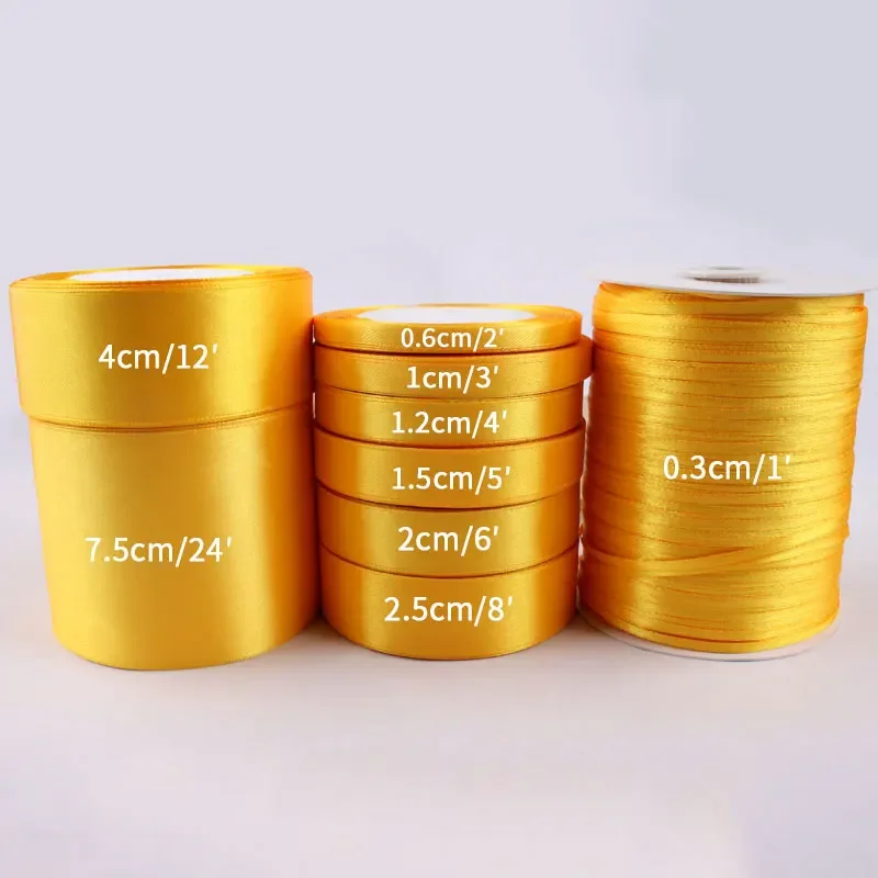 Gold Yellow Satin Ribbon 0.6/1/1.2/1.5/2/2.5/4/5cm Handmade DIY Bow Crafts Packing Christmas Halloween Decoration