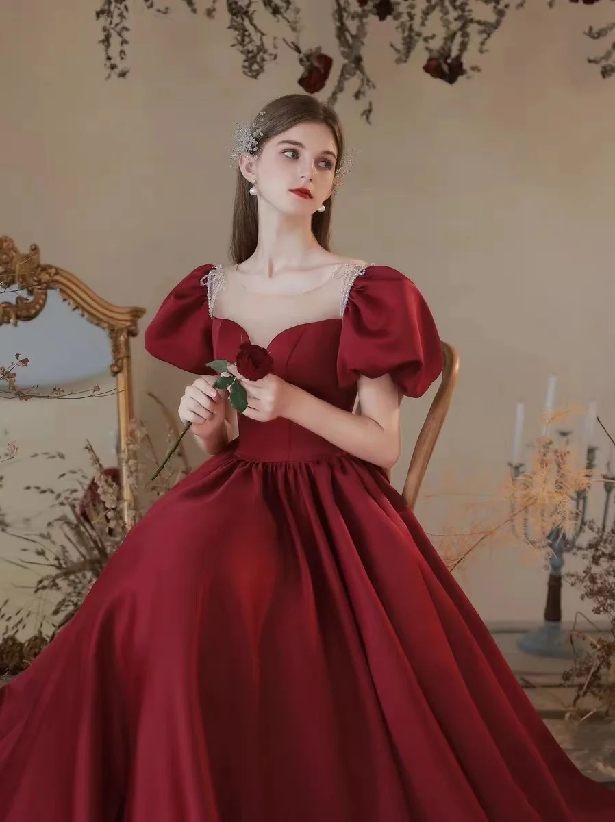 

Vintage Burgundy Satin Celebrity Dress O-Neck Puff Sleeve Back Pearls Lace Up Slim Retro Toast Clothing Performance Banquet Gown