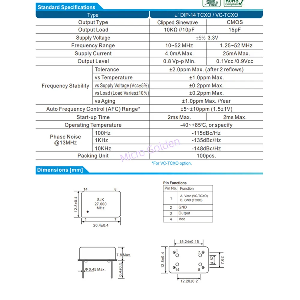 (1pcs) 27M 27MHZ 27.000MHZ TCXO 직사각형 온도 보상 수정 발진기 DIP-4 고정밀 HCMOS +-0.1ppm