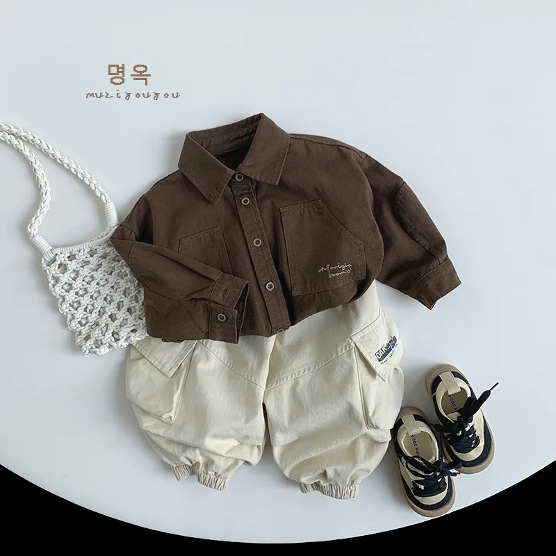 Spring New Children Long Sleeve Lapel Shirts Cotton Tops Baby Girls Loose Coat Boys Casual Versatile Shirts Kids Clothes