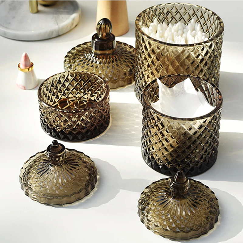 Dark Grey Crystal Glass Storage Jar with Cover Canned 600ML Diamond Cans Sugar Cotton Swab Box Household Organizer Decoration 2