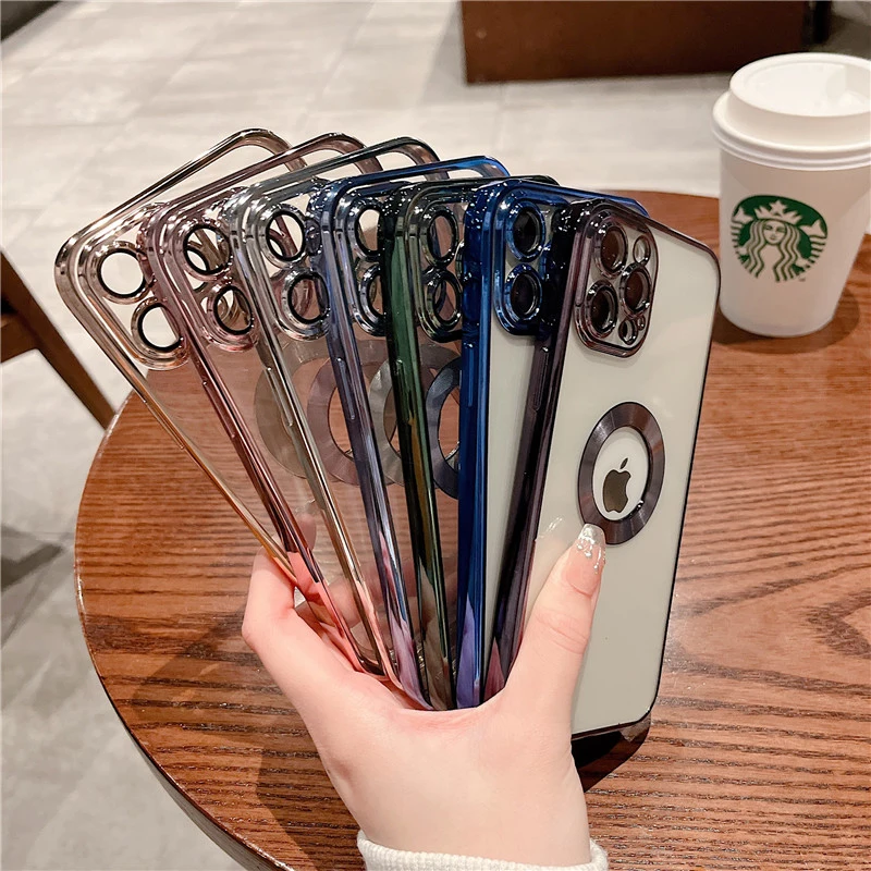 Luxury Logo Hole Transparent Soft Silicone Case for iPhone 14 Pro Max Lens Protection Plating iPhone 14 Cover - iPhone 14 Case