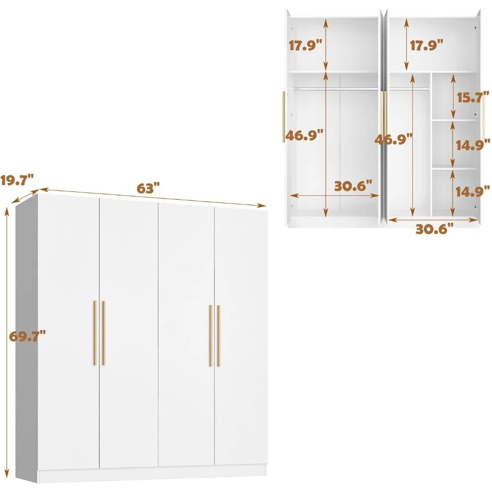 4 Door Wardrobe Armoires and Wardrobes with Storage Shelevs, Armoire Wardrobe Closet with Hanging Rod, Wooden Handles 2