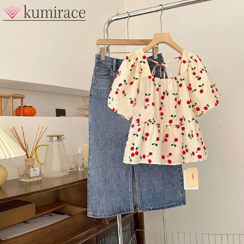 Large Women's Summer Set Women's 2024 New Fashion Bubble Sleeves Top Wrapped Waist Slimming Denim Skirt Two Piece Set For Woman