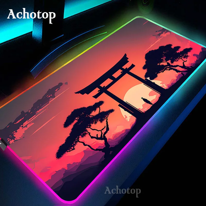 thumbnail image 1 of Alfombrilla de ratón para ordenador portátil RGB en blanco y negro, alfombrilla de ratón para juegos, alfombra grande con teclado de montaña Serenity, alfombrilla de escritorio LED de 100x50 con retro, 1 of 5