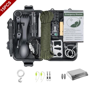 15 IN 1 Emergency Survival Kit Gear Camping Travel Multifunction Tactical Defense Equipment First Aid SOS Wilderness Adventure 1