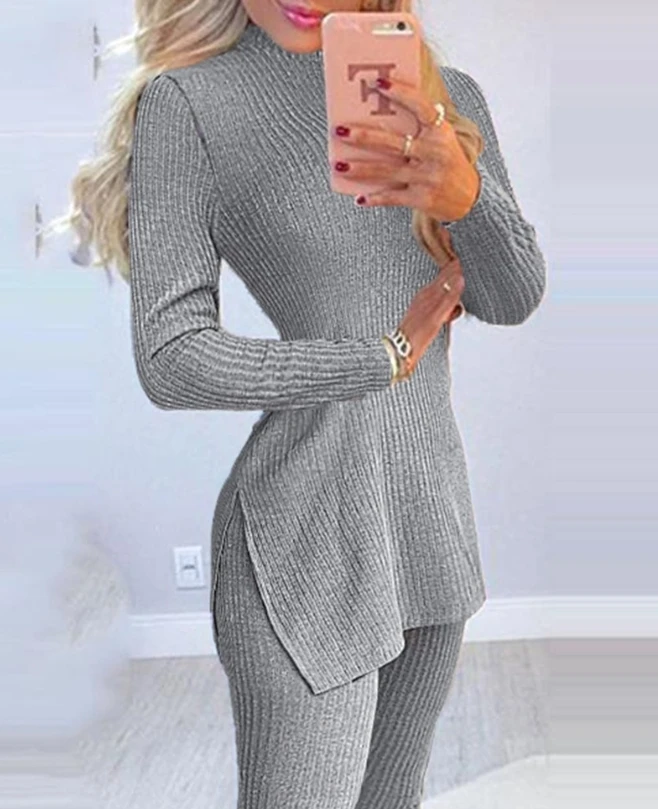 Women's Two-piece pants set 2024 Autumn Round Neck Long Sleeve Slit High Neck Knit pullover skinny pencil pants Pajamas Set