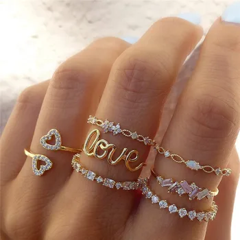 Set di anelli Boho con zirconi per donna, colore oro, lettera di cristallo della Boemia, cuore d'amore, luna, freccia, fiore, anello, gioielli da sposa 1
