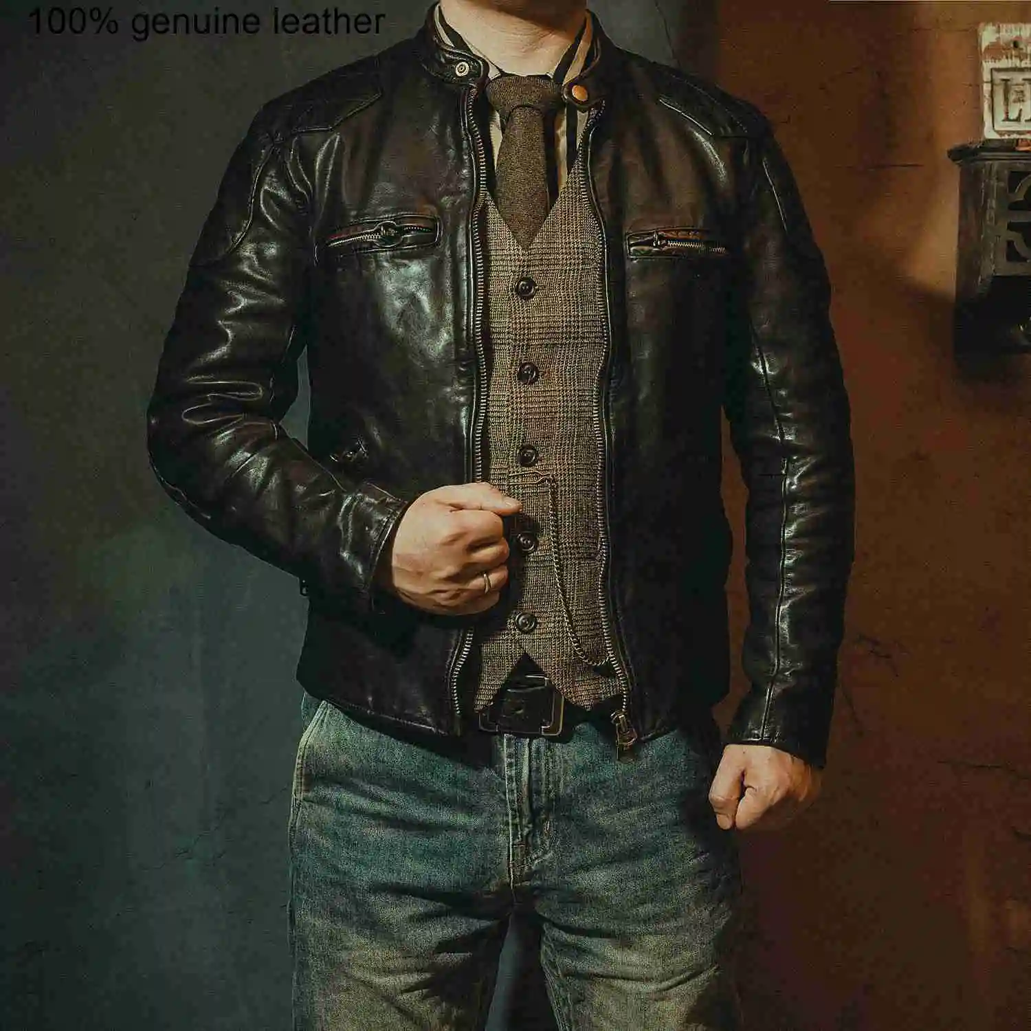 

vintage core High tea Super horsehide jacket.high quality thick hard coat.classic rider leather clothes