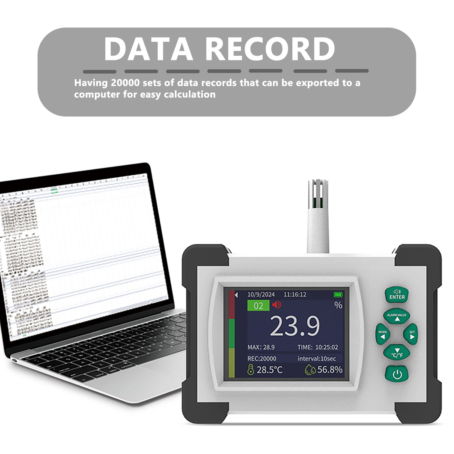 เครื่องตรวจจับออกซิเจนแบบพกพาพร้อมหน้าจอขนาดใหญ่ – เครื่องวัด O2/อุณหภูมิ/ความชื้น, บันทึกข้อมูลได้ 20,000 รายการ, ชาร์จซ้ำได้, ใช้เซลล์เชื้อเพลิงที่ได้รับการรับรองมาตรฐาน ROHS 1