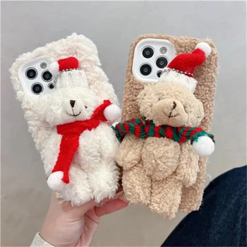 

Plush Christmas Bear Phone Case For iPhone 14 13 12 11 Por Max Mini 7 8 Plus XS XR Lens Protection Drop Case