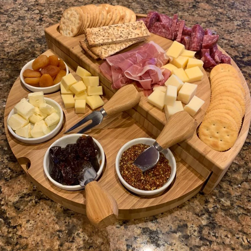 Cheese Board Cutlery Cutter Set with Slide Out Drawer Cooking Tool Slicer Fork Scoops Cut Wooden Cheese Plate Kitchen Tools
