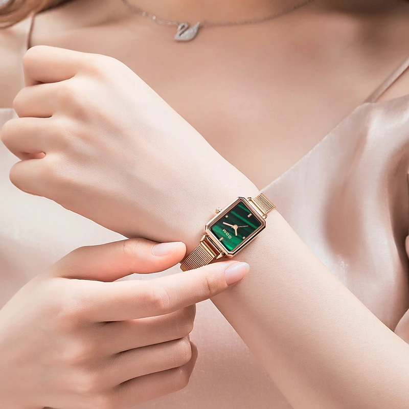 DOM New Ladies Watch Square green dial Fashion Luxury Trend Casual Waterproof Swimming Steel Belt Leather Women's Watch G-1337