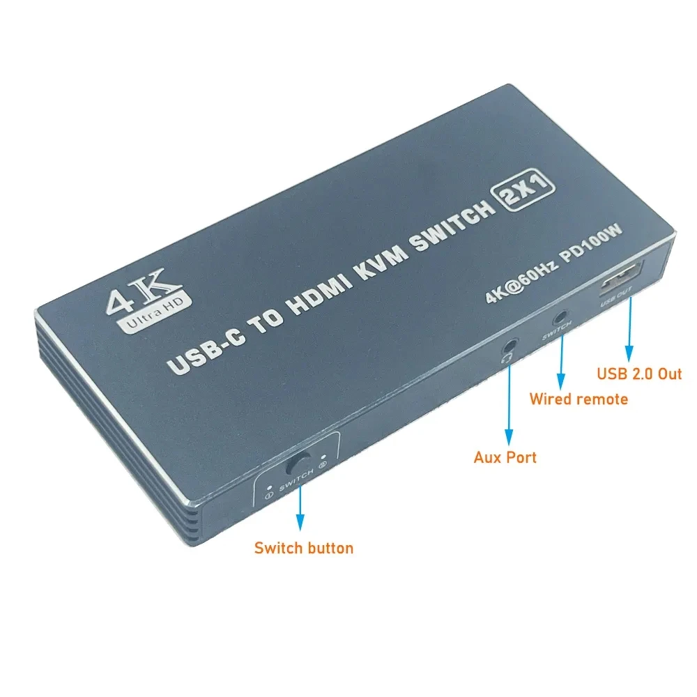 USB C KVM Switch 2 in 1 Out, 4K @60Hz, USB2.0, HDMI 2.0, PD3.0, Type C, Knopschakelaar, met 2 volledig functionele Type-C kabel
