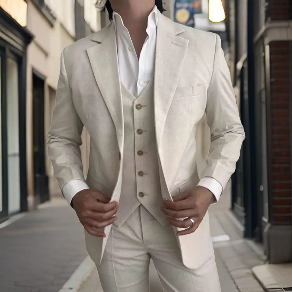 3 Pieces Linen Men Suits for Beach Party Slim Fit Beige Wedding Tuxedo for Groom Prom Blazer with Vest Pants