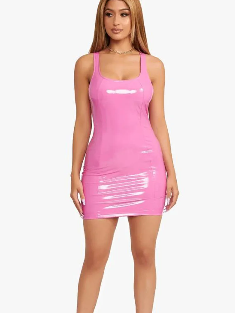 

Tight PU Bright Leather Dress Bodycon Sexy Sleeveless Party Dresses For Women 2023 New Summer O-Neck Wrap Hip Female Mini Dress