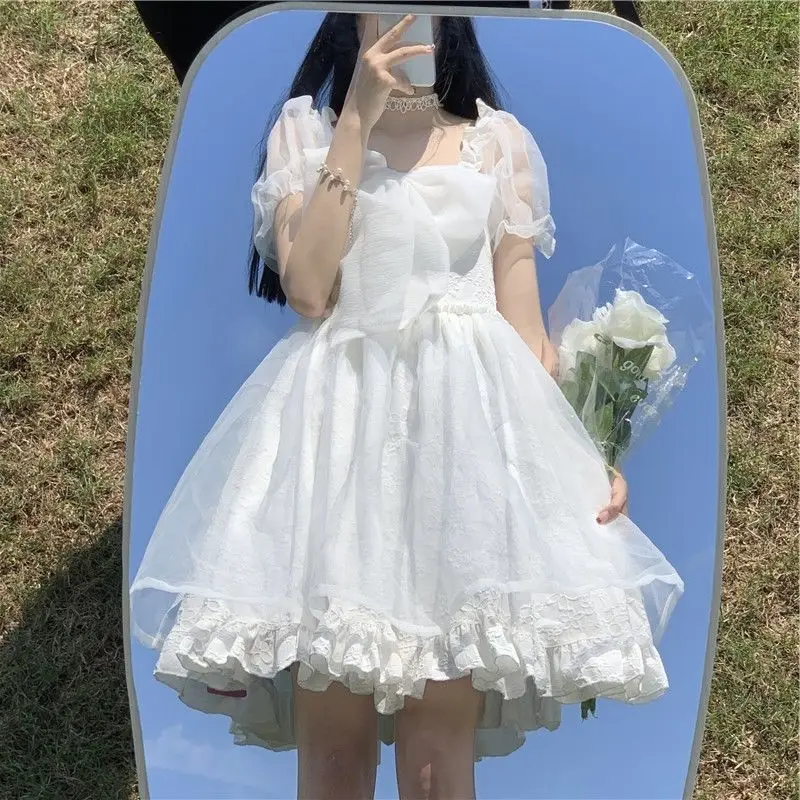 Japanese Sweet and Cute Girl Lolita Puff Sleeve Dress White Kawaii Tutu Princess Dress Lolita Fairy Dress Korean White Dress