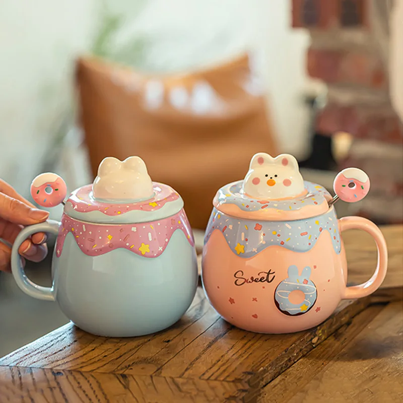 

400ml Creative Cute Donut Ceramic Cup with Spoon Pink Girl Office Student Couple Coffee Cup Large Capacity Milk Tea Drinking Cup