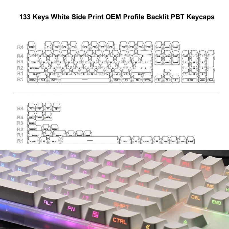 Teclas PBT retroiluminadas RGB para teclado mecánico Gateron Cherry MX Switch, 133 teclas, perfil OEM, impresión lateral brillante