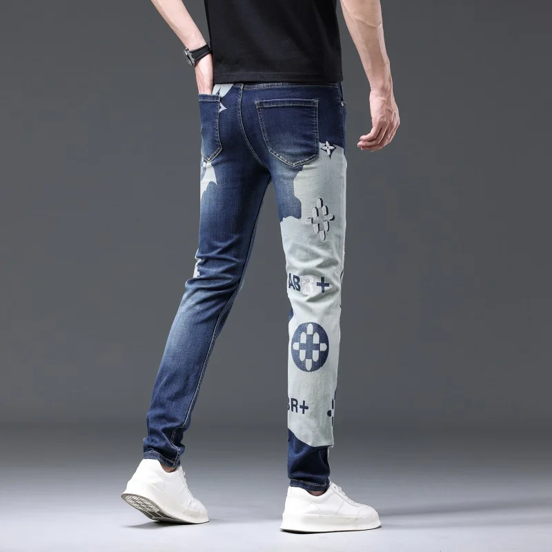 Color Matching Printed Jeans Men's Trend Fashion Street Quality Men's Personalized Embroidery Slim-Fit Stretch Trousers
