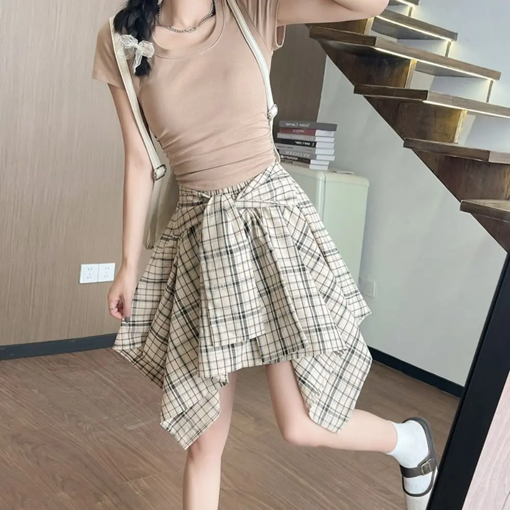 Sweet Irregular Plaid Shirts Skirt A-line High Waist Fake Two-piece Skirts Lace-up Streetwear Plaid Shorts Skirt Girls
